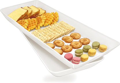 Serving Tray Platter Rectangle, 4 Pcs Long Narrow Food Tray for Veggie Fruit Snack Dessert, Plastic White Food Trays for Party Supplies Display, Rectangular Platters for Serving Food, BPA Free