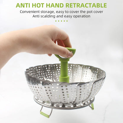 Folding Stainless Steel Steamer Basket (7-11 Inches) with Heat Resistant Handle - Ideal for Cooking Seafood, Vegetables, Fruits - Expandable and Easy to Clean - Dishwasher Safe