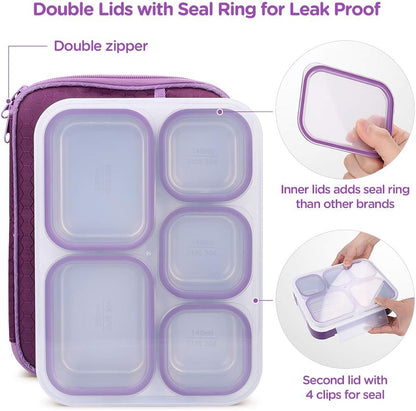 DaCool Stainless Steel Lunch Box Bento for Kids Adults Leakproof BPA-Free Metal Lunch Containers Tray 5-Compartment with Fork for Girls Food Snack Containers for School Outdoors, Pink