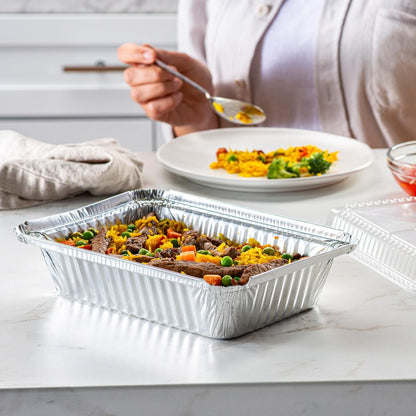 GUSTO [1 lb - 50 Count Disposable Aluminum Foil Pans with Clear Dome Lids, 5x4 Takeout Pans – Great for Baking, Cooking, Storage, and Freezing (Formerly Comfy Package)