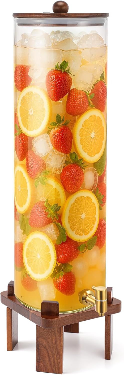 FillTouch 2 Pack 5 Gallon Glass Drink Dispenser with Acacia Wood Stand and Lid, Large Glass Beverage Dispenser with Spigot Perfect for Juice, Tea, Sangria, Lemonade, Weddings, Party, Outdoor Events