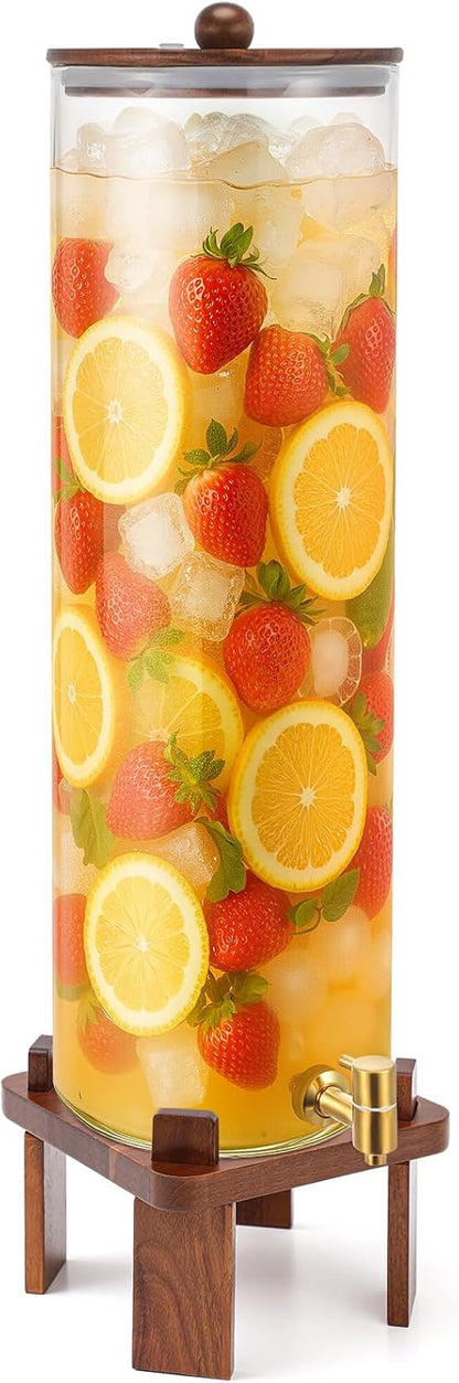 FillTouch 2 Pack 5 Gallon Glass Drink Dispenser with Acacia Wood Stand and Lid, Large Glass Beverage Dispenser with Spigot Perfect for Juice, Tea, Sangria, Lemonade, Weddings, Party, Outdoor Events