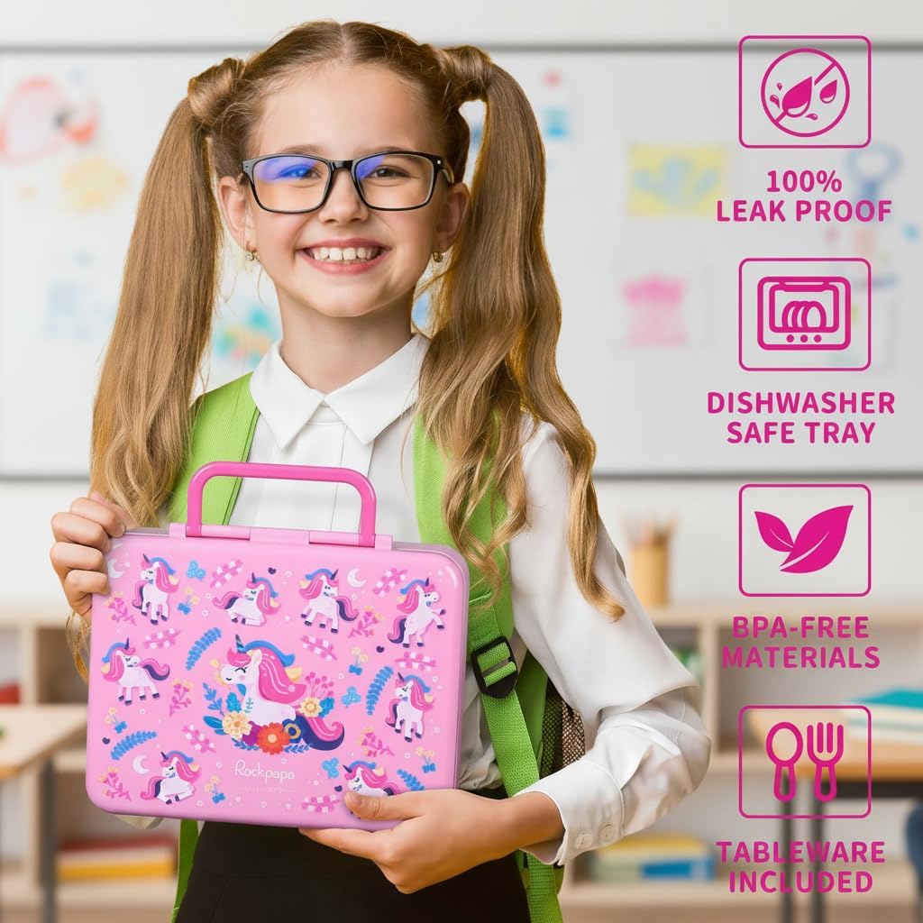 rockpapa Chill Bento Box for Kids- Large 5.5 Cups Lunch Box with Ice Pack - 5 Compartments, BPA-Free, Leak Proof, with Utensils & Portable Handle, Microwave/Dishwasher Safe (Purple Butterfly)