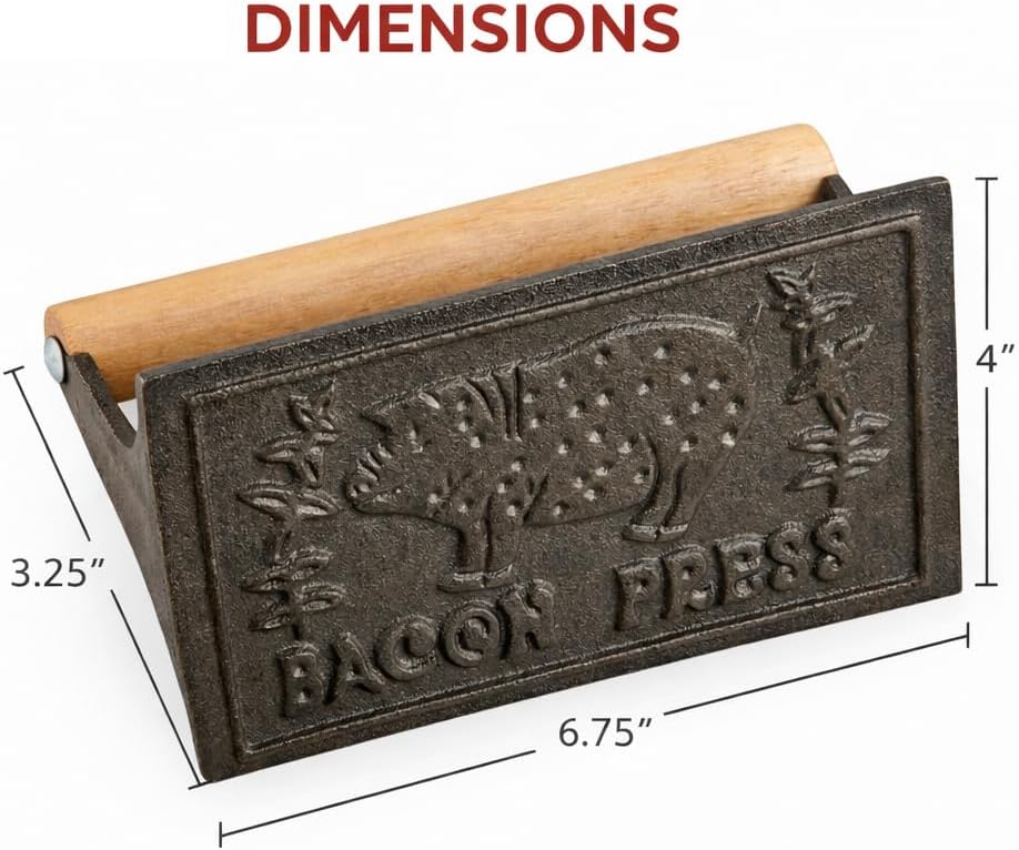 HIC Kitchen Bacon Press, Heavyweight Cast Iron, Rectangular With Wood Handle, For Stovetop Grill And Griddle