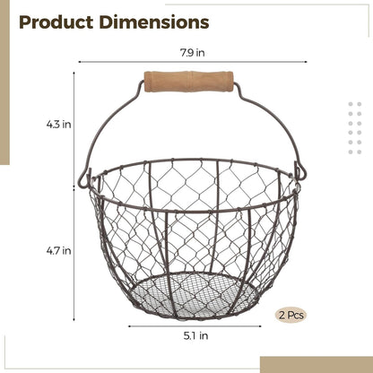2 Pcs Wire Egg Baskets, Farmhouse Chicken Egg Collecting Baskets, Rustic Metal Egg Storages with Wooden Handle, Stackable Fresh Holders for Fruits, Vegetables, Sundries