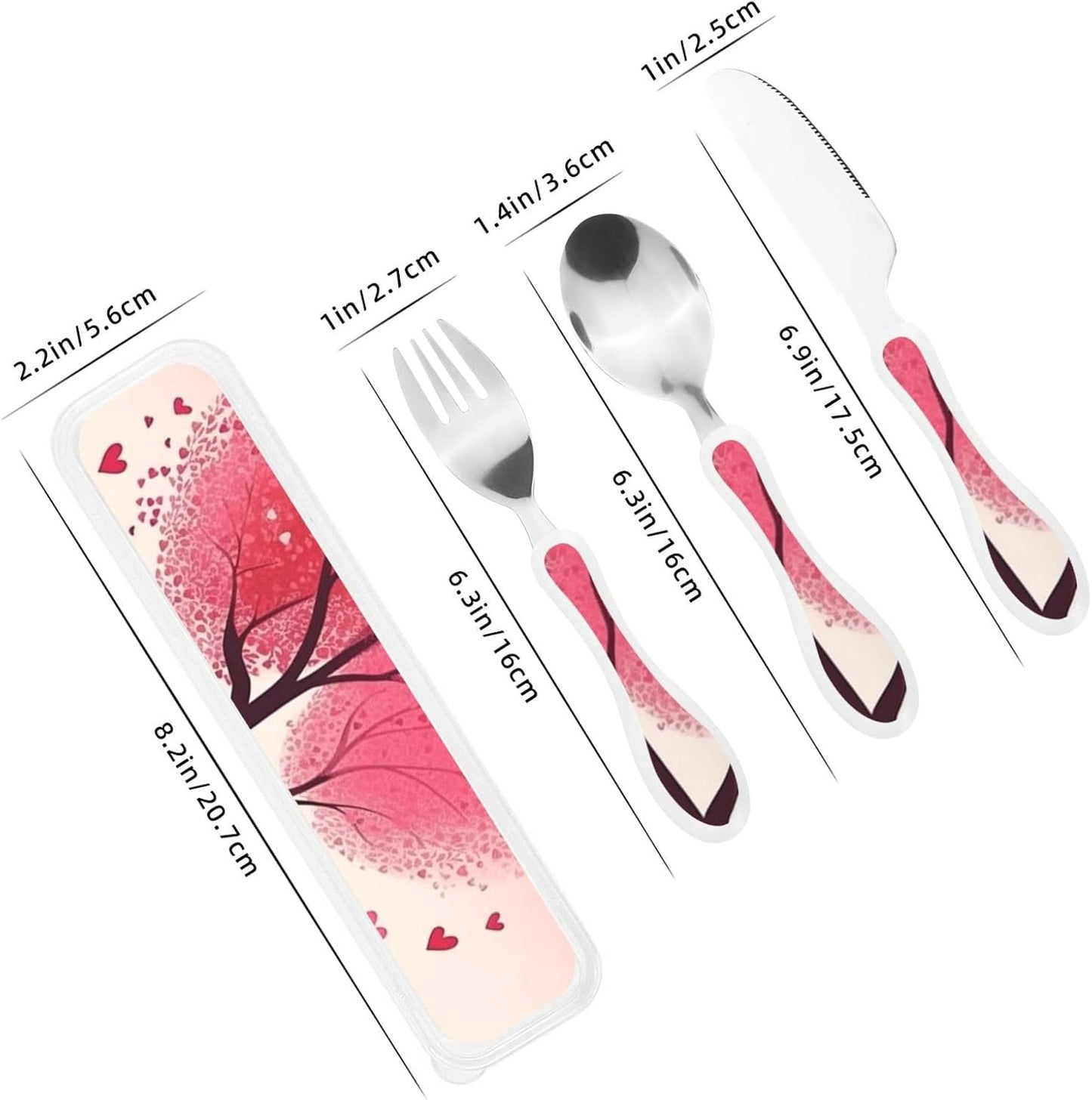 3-Piece Kids Silverware Set With Storage Case, Stainless Steel Reusable Children Safe Knife Spoon Fork Set Valentine'S Day Romantic Heart Trees Bicycle Children Flatware Set For Kids Lunch Box