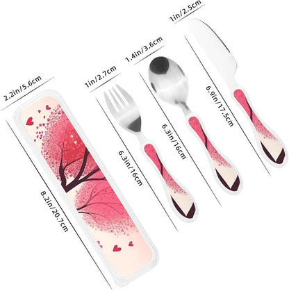 3-Piece Kids Silverware Set With Storage Case, Stainless Steel Reusable Children Safe Knife Spoon Fork Set Valentine'S Day Romantic Heart Trees Bicycle Children Flatware Set For Kids Lunch Box