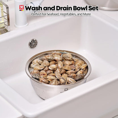 WAGENSTEIGER 3-Piece Stainless Steel Mixing Bowl Set with Strainer & Oil Drain Tray – Nesting Prep & Baking Bowls with Measurement Marks (9.45 in)