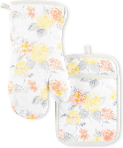 Martha Stewart Amber Floral Oven Mitt & Pot Holder Set 2-Pack, Blue/Green, OM: 7"x13" & PH: 7"x10"