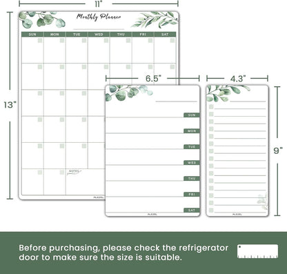 ALEZEL Dry Erase Fridge Calendar Magnetic, Greenery White Board Calendar Dry Erase for Refrigerator - Set of Vertical Monthly & Weekly Calendar for Fridge with 1 List Board, 4 Markers + Eraser