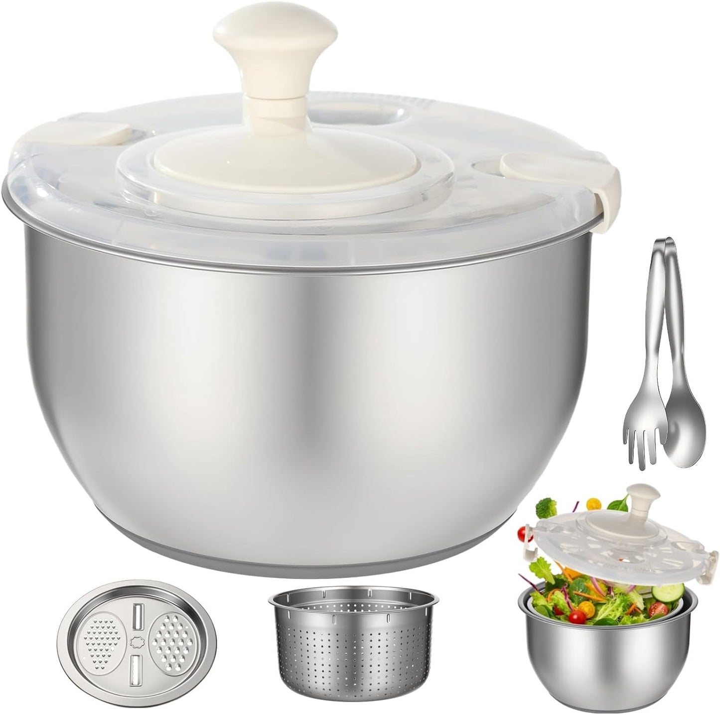 Stainless Steel Salad Spinner Set with Grater and Food Clip, 6L Large Metal Salad Spinner, Fruit Vegetable Dryer with Built-in Drain Spout for Dehydrating Fruit and Vegetable, Pasta (Silver)