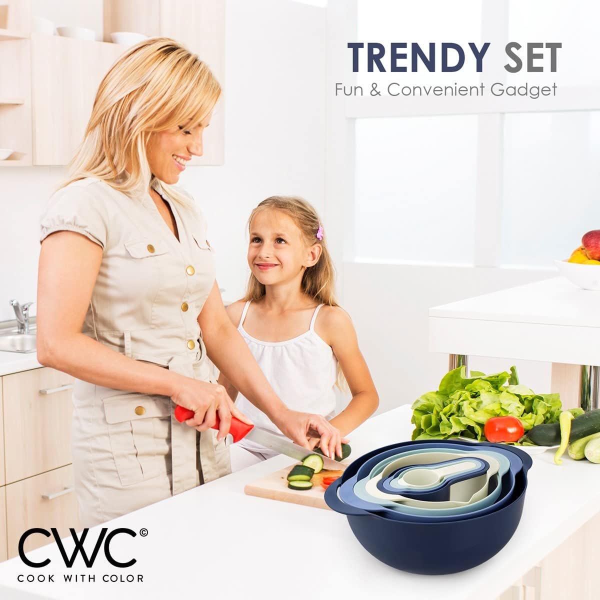 COOK WITH COLOR Nesting Bowls with Measuring Cups Colander and Sifter Set - Includes Mixing Bowls, Colander, Sifter and Measuring Cups, Navy, 8 Pc Bowl