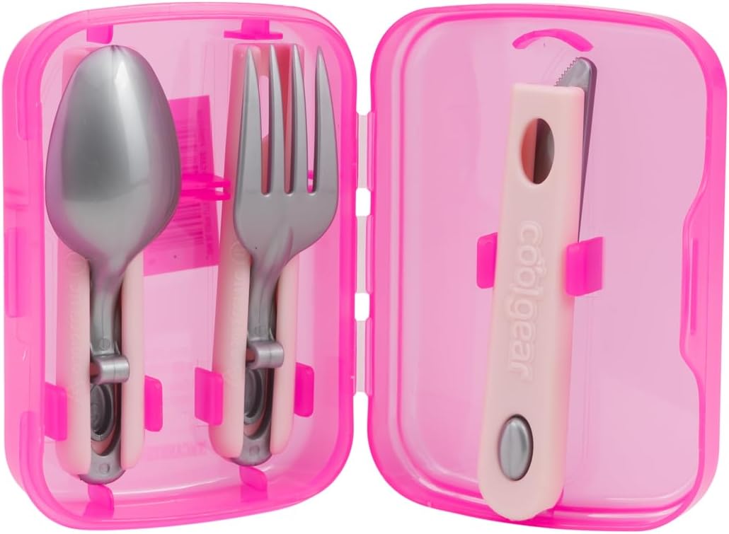 COOL GEAR 3-Pack Travel Reusable Utensil Set with Slider Carry Case | Portable Knife, Fork, Spoon Silverware, Eco-Friendly Cutlery for Camping, Picnics, Kids & Adults - Gray, Pink, & Blue