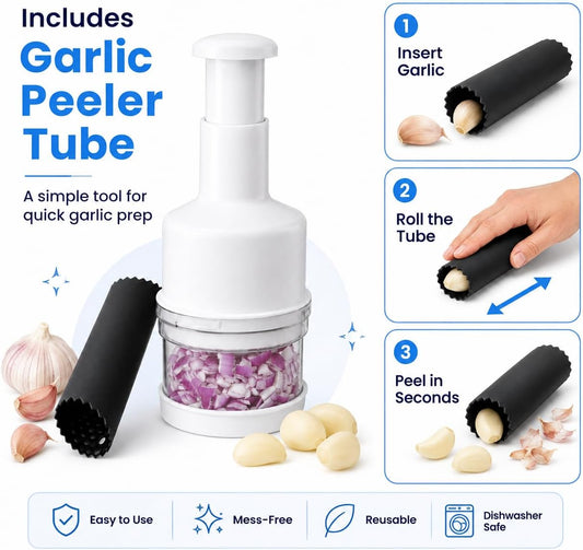 Manual Food Chopper with Garlic Peeler Tube, Hand Push Vegetable & Onion Chopper with Stainless Steel Blade, Garlic Mincer for Herbs, Fruits & Nuts, Whit