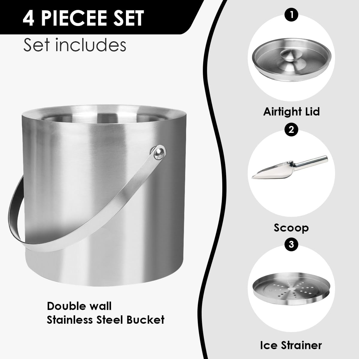 3L beige white Double Wall Insulated Stainless Steel Ice Bucket with scoop for Cocktail Bar,Metal Ice Bucket for freezer with Lid for parties.ice Container to Keep Ice Colder,bar cart accessories