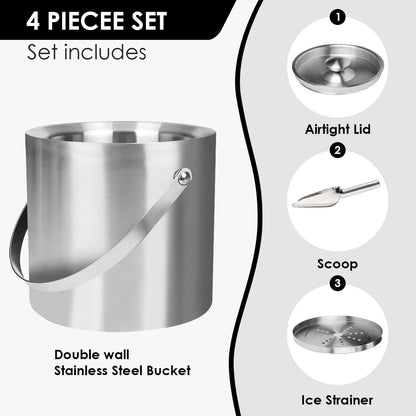 3L beige white Double Wall Insulated Stainless Steel Ice Bucket with scoop for Cocktail Bar,Metal Ice Bucket for freezer with Lid for parties.ice Container to Keep Ice Colder,bar cart accessories
