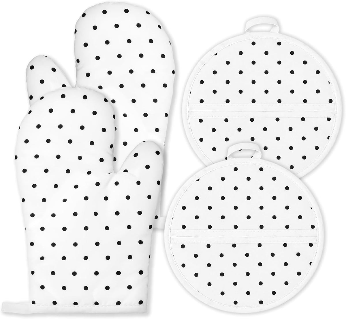 AnyDesign 4Pcs White Black Polka Dot Oven Mitts and Pot Holders Set