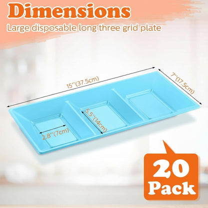 Ziliny 20pcs Black 3 Section Serving Tray Bulk Serving Dish Compartment Appetizer Tray Plastic Dessert Platter Divided Disposable Plate for a Tini Bit Older Party