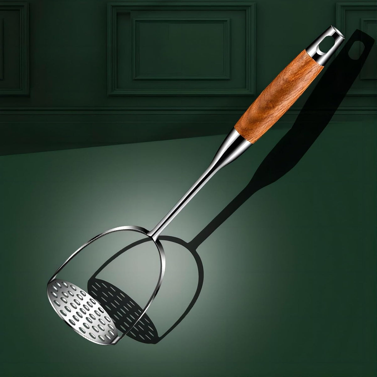 13.5" Stainless Steel Potato Masher with Wooden Handle - Heavy Duty Metal Masher for Mashed Potatoes, Avocado, Beans & Sweet Potato - Commercial & Home Kitchen Utensil (Dishwasher Safe)