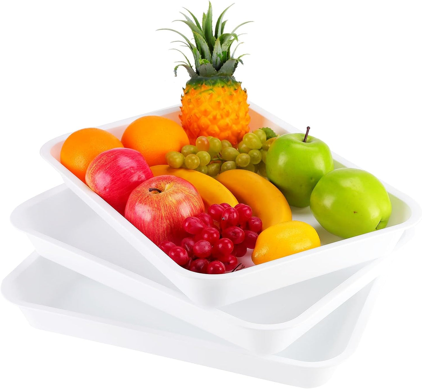 White Plastic Serving Trays (Set of 3) 16” x 11.8”, Large Reusable Rectangular Party Platters Serve Appetizers, Fruit, Veggies, Snack, Cookies, Desserts, in Kitchen/Pantry Organization