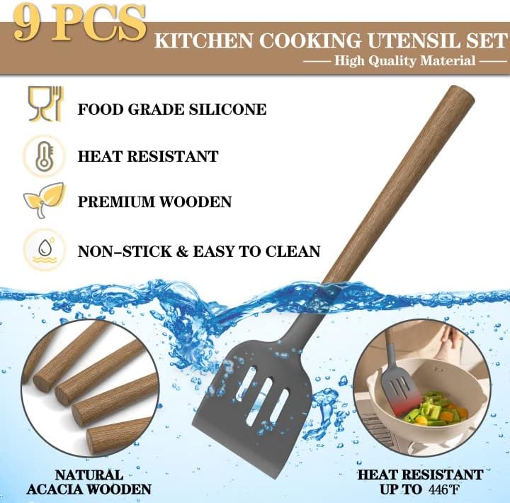 Silicone Kitchen Cooking Utensil Set, 9Pcs Kitchen Utensils Spatula Set with Wooden Handle for Nonstick Cookware, 446°F Heat Resistant Silicone Kitchen Gadgets Utensil Set with Large Holder（Grey）