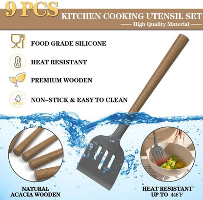 Silicone Kitchen Cooking Utensil Set, 9Pcs Kitchen Utensils Spatula Set with Wooden Handle for Nonstick Cookware, 446°F Heat Resistant Silicone Kitchen Gadgets Utensil Set with Large Holder（Grey）