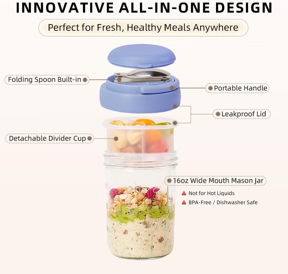 2 Pack Overnight Oats Containers with Lids and Handles, Folding Spoons & Divided Compartments for Fruit & Nuts, 16oz Mason Jars for Oatmeal Yogurt Container Chia Pudding Jars with lids (Cream 2pcs)