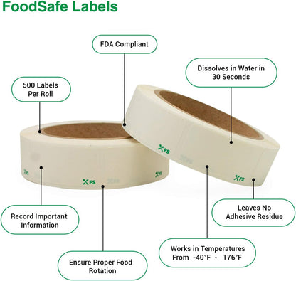 Food Labels Dissolvable by Food Safe - Leaves No Adhesive Residue Dissolves in Water in 30 Seconds Perfect for Reusable Containers - 500 Labels Per Roll