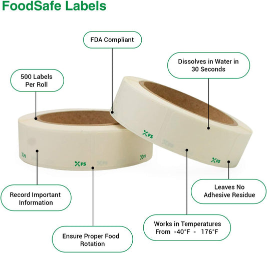 Food Labels Dissolvable by Food Safe - Leaves No Adhesive Residue Dissolves in Water in 30 Seconds Perfect for Reusable Containers - 500 Labels Per Roll