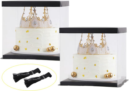 XININSUN 2Pcs Large Cake PET Clear Box, 10" X 10" X 9" with ribbon and pre-folded lid, for 8" cake packing carry, baking cookie display, Carry Tall Layer Gift, Festive Gift Box -White