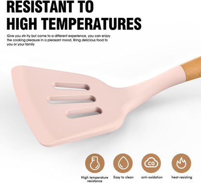 Silicone Cooking Utensils Set - AVGPD Silicone Kitchen Utensils for Cooking Wooden Handles, 446°F Heat Resistant Kitchen Utensil Spatula Sets, Gadgets for Non-Stick Cookware BPA FREE (Black)