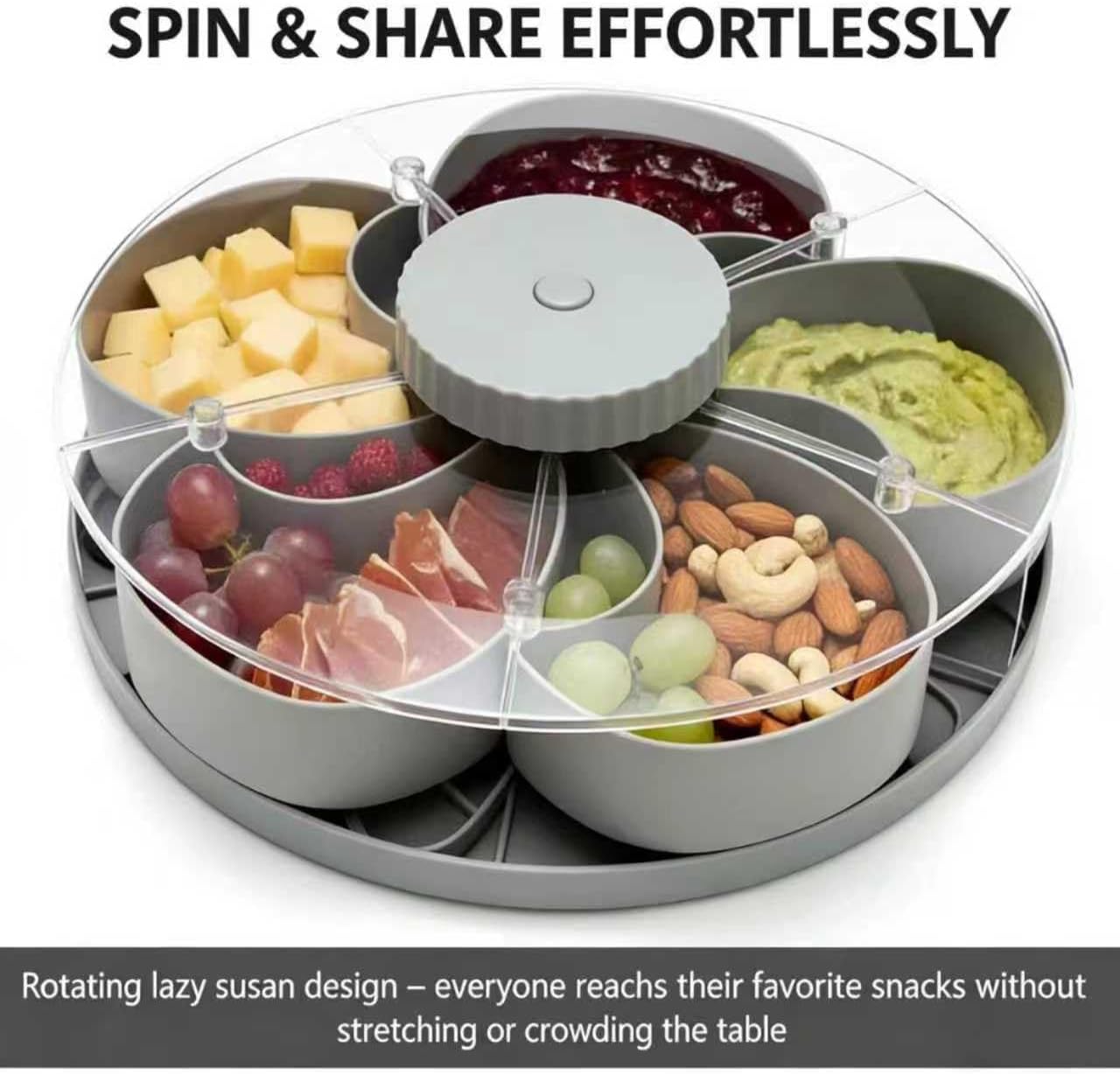 Rotating Divided Serving Tray with Handles, Food Safe Plastic Snack Containers for Party, Fruit & Veggie Storage Tray with Lid, Multi Scene Serving Platters for Home & Gifts