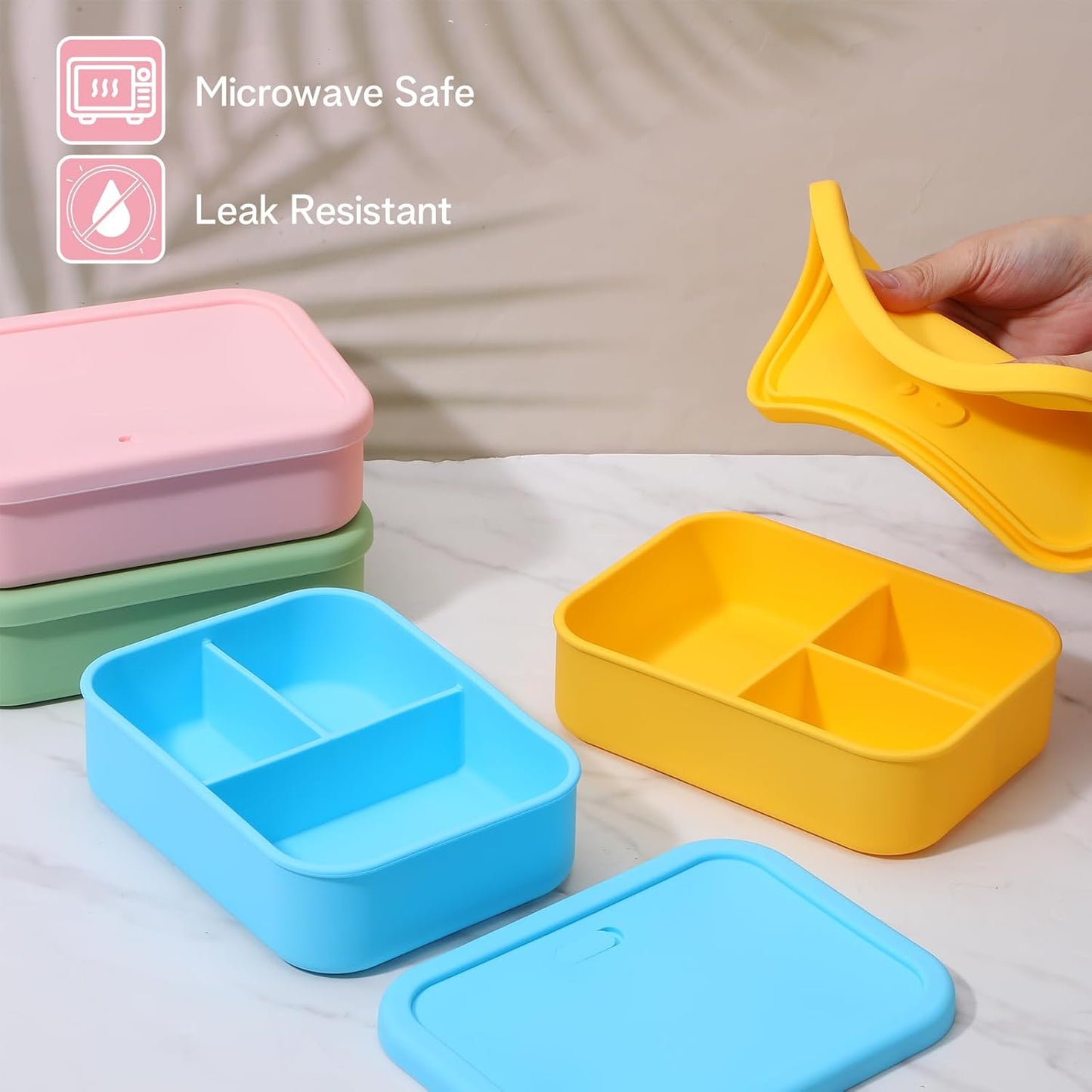 4 Pcs Silicone Bento Box Set - Reusable 3 Compartment Lunch Containers for Adults, Microwave, Dishwasher & Freezer Safe, Leakproof Meal Prep Boxes in Pink, Blue, Green, Orange