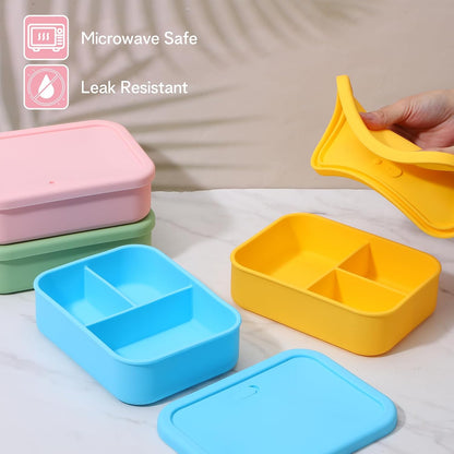 4 Pcs Silicone Bento Box Set - Reusable 3 Compartment Lunch Containers for Adults, Microwave, Dishwasher & Freezer Safe, Leakproof Meal Prep Boxes in Pink, Blue, Green, Orange