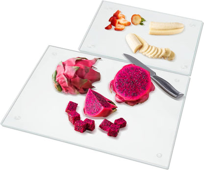 JAMBALAY Tempered Glass Cutting Boards for Kitchen, Clear Glass Cutting Board Set, 12"x16" & 8"x12" Cutting Boards with Non Slip Foot, Heat and Scratch Resistant, Shatterproof