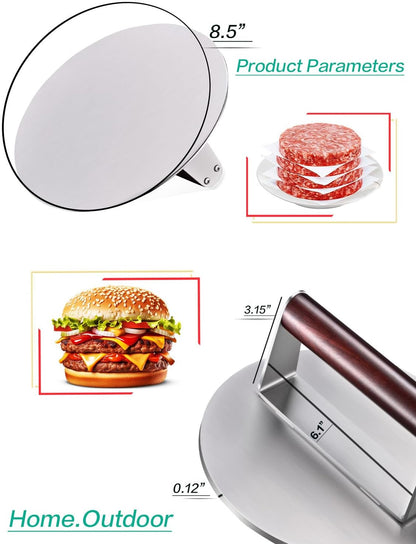 Heavy Duty 2.5 lb Stainless Steel Burger Press – 8.5 Inch Smash Burger Press Hamburger & Bacon Press for Steak, Meat, Flat Top Grill & BBQ, Polished Smooth Base Hamburger Smasher with Wooden Handle