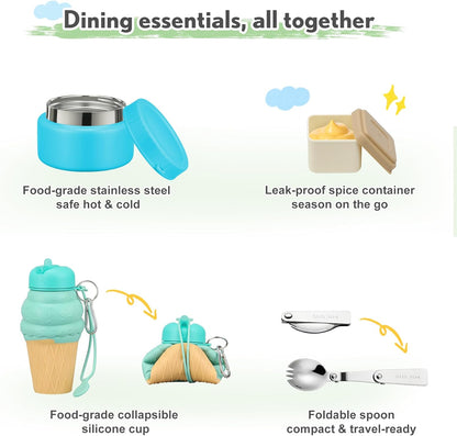 Lunch Box Kids with 5 Compartments, Insulated Food Jar & Utensil & Sauce Container & Lunch Bag & Silicone Collapsible Cup, Leak Proof Bento Box, BPA-Free & Dishwasher Safe-Blue