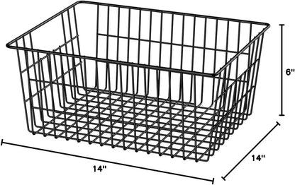 SANNO Freezer Baskets for Storage Pantry Large Metal Wire Food Storage Organizer Bin Basket with Handles - for Kitchen Cabinets, Pantry, Bathroom, Laundry Room, Closets, Garage - Chrome，2 pack