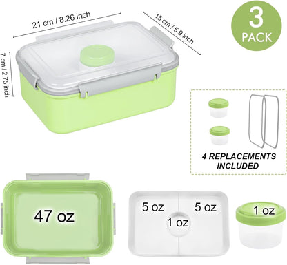 3 Pack Salad Lunch Box Food Storage Containers, 47oz Bento Box To Go Container with Lids, Reusable Meal Prep Containers with Removable Tray & Dressing Pots for Kids and Adults, Microwave Safe