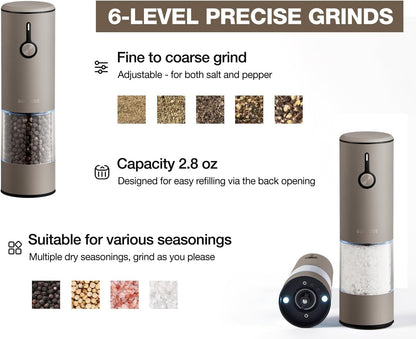 Stainless Steel Rechargeable Electric Salt and Pepper Grinder Set – USB Charging, One-Hand Electric Mill, Adjustable Coarseness, LED Light & Dust Cover –2pack(Greige & Buttercream)