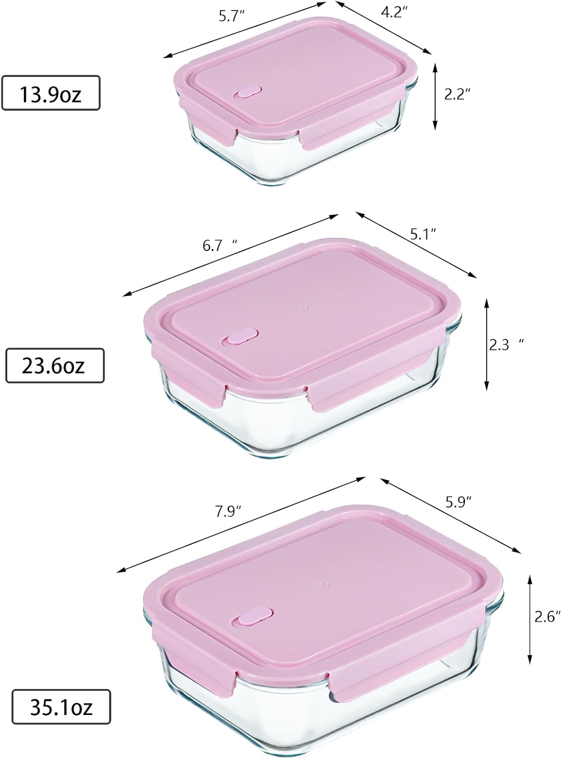 6 Pieces Rectangle Glass Food Storage Containers with Lids, Meal Prep Containers for Food Storage, BPA Free & Leak Proof (3 lids & 3 Containers) 13.9oz, 24oz, 35oz (Pink)