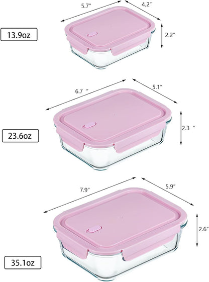 6 Pieces Rectangle Glass Food Storage Containers with Lids, Meal Prep Containers for Food Storage, BPA Free & Leak Proof (3 lids & 3 Containers) 13.9oz, 24oz, 35oz (Pink)