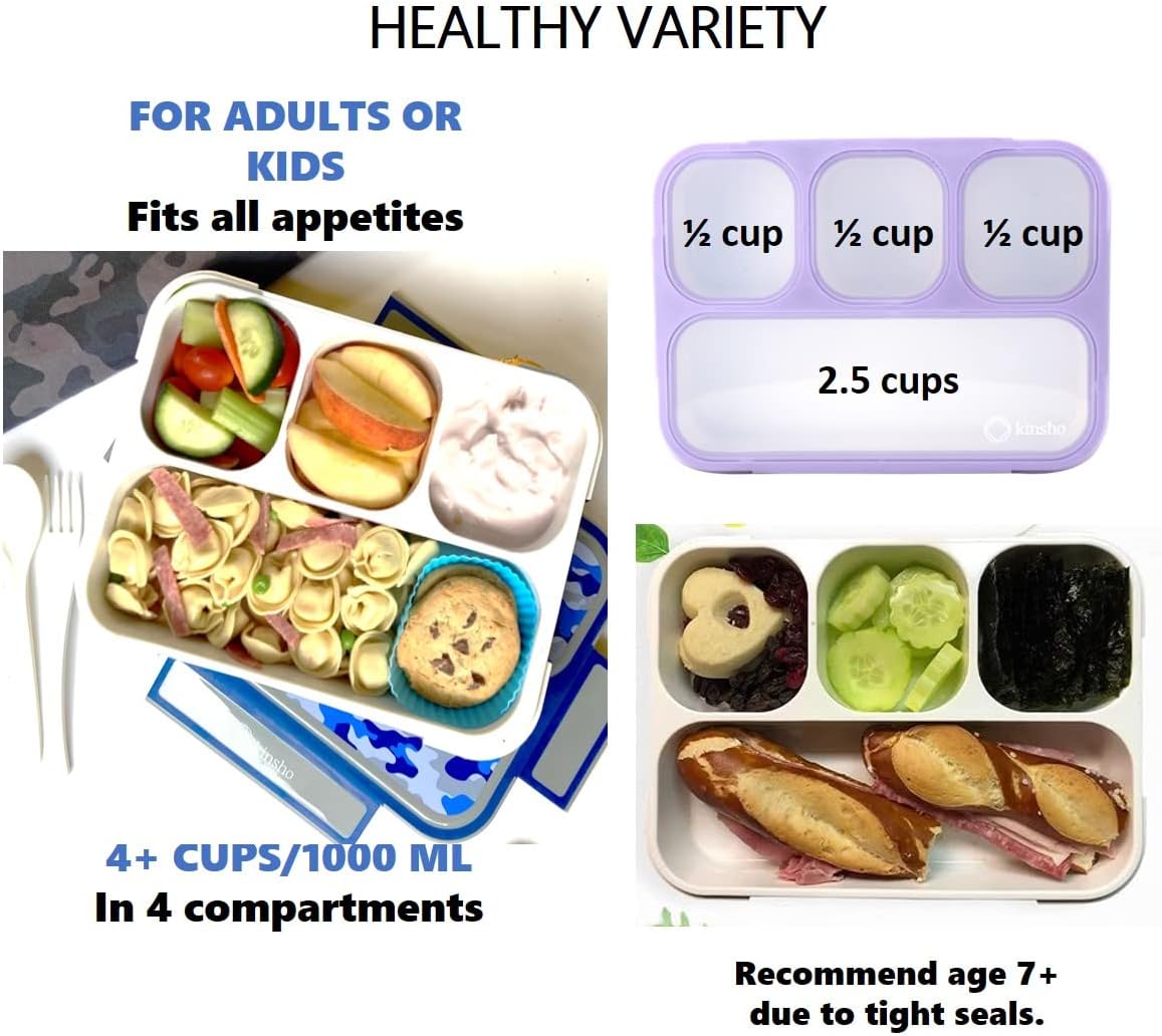 Bento Lunch Box for Kids or Adults, Snack Containers for Boys, Girls, School Daycare Work, 3 Divided Compartments Meal Planning Portion Control, BPA-Free Boxes, Utensils | Blue Purple 2 pack