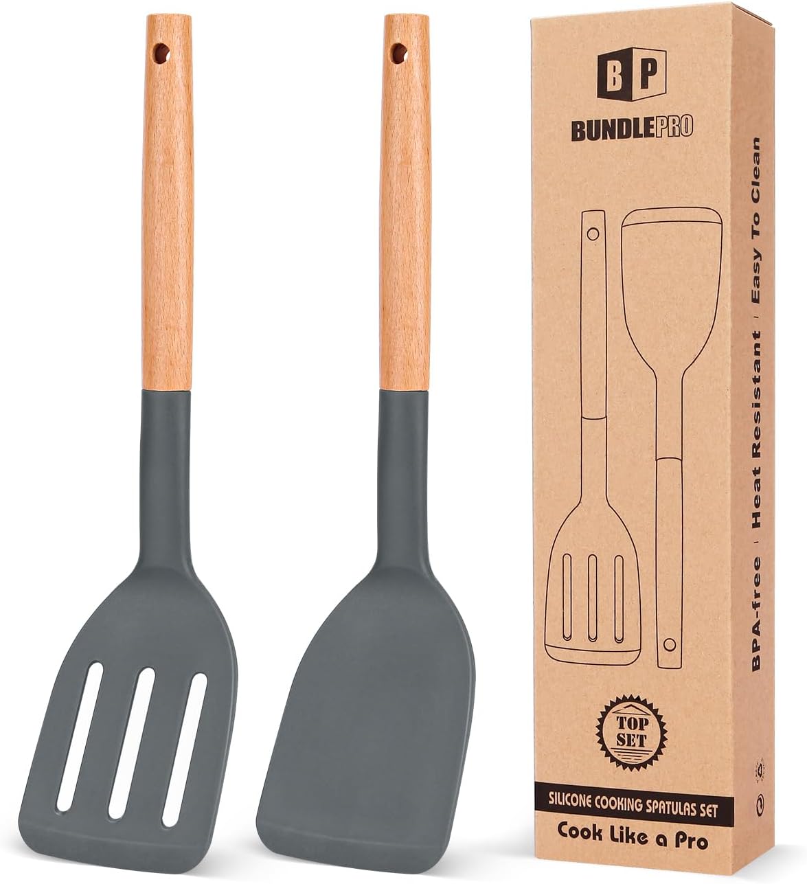 BUNDLEPRO Silicone Spatula, Solid & Slotted Turner, BPA-Free, 2 Pack, Black