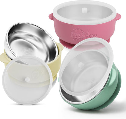 o'doe Suction Bowls for Baby - Non-Toxic Stainless Steel Baby Bowls 5" with Non-Slip Removable Silicone Shell - BPA-Free Toddler Bowls (Green + Rose + Beige)
