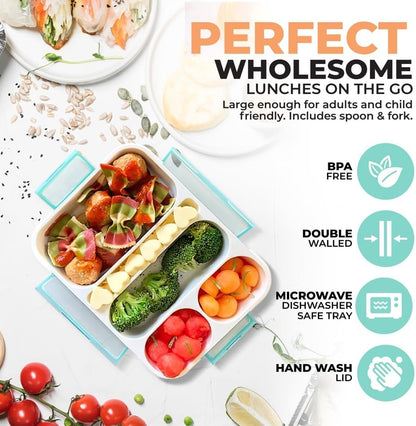 kinsho Bento Lunch-Box for Adults Kids Lunches, Portion Control Container Boxes for Women Girls Boys | Leak-Proof Snack Containers, BPA-Free Utensils 5 Compartments | Blue & Green 2 Pack Set