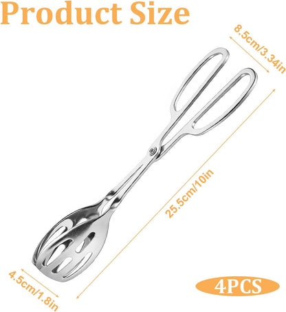4 Pcs Silver Serving Tongs, 10 Inch Stainless Steel Salad Tongs Non-Slip Buffet Tong for Steak, Salad, Fruit, Snack, Barbecue