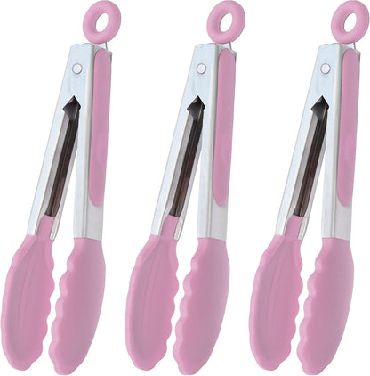 HINMAY Small Silicone Tongs 7-Inch Mini Serving Tongs, Set of 3 (Black Gray White)