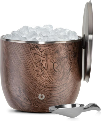 SNOWFOX Plus, Premium Vacuum Insulated Stainless Steel Ice Bucket with Lid/Scoop,Home Bar Accessories,Elegant Bartending Ice Bucket for Parties,Beautiful Outdoor Entertaining Supplies,3L,Natural Teak