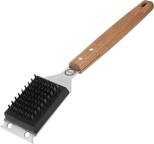 Strong BBQ Grill Brush and Scraper – Heavy-Duty Grill Cleaner with Long Wooden Handle & Replaceable Stainless Steel Bristles – Fast Deep Cleaning, Safe for All Grills – No-Scratch Outdoor Grill Brush